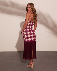 Caliste Knit Checkered Fringe Halter Neck Mini Dress