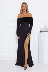 Glow In The Snow Faux Fur Off Shoulder Maxi Dress Navy