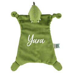 Personalisiertes Trixie Schnuffeltuch Herr Dino mit Name – weiches Baby-Kuscheltuch mit Schnullerknoten als individuelles Geschenk