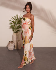 Summer Reverie Strapless Floral Satin Maxi Dress