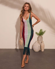 Marrion Striped Open Knit Fringe Cover Up Maxi Dress