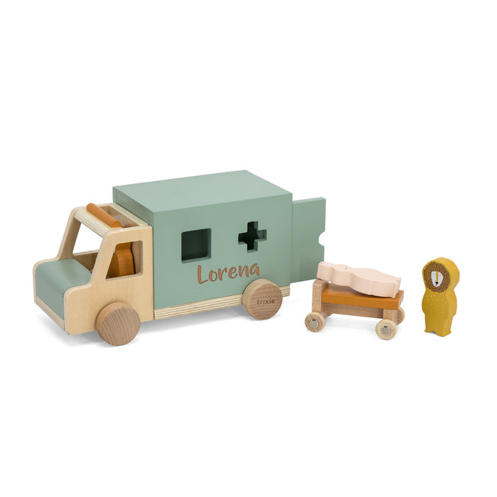 Personalisierbarer Trixie Krankenwagen aus Holz mit Lasergravur – Rettungsfahrzeug mit Trage und Tierfiguren für Kinder ab 18 Monaten
