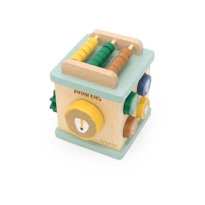 Personalisierter Trixie Mini-Aktivitätswürfel zur Geburt mit Name und Lasergravur – blaues Motorikspielzeug aus Holz