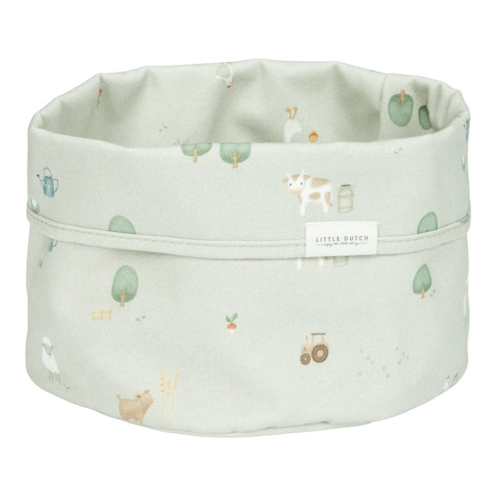 Little Dutch Pflegekörbchen Little Farm rund in Grün – Bio-Baumwoll-Aufbewahrungskorb mit Bauernhofprint für den Wickeltisch