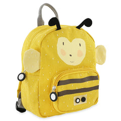 Gelber Trixie Rucksack Frau Hummel – Detailansicht des Kinder-Rucksacks mit kinderfreundlichen Reißverschlüssen und Frontfach