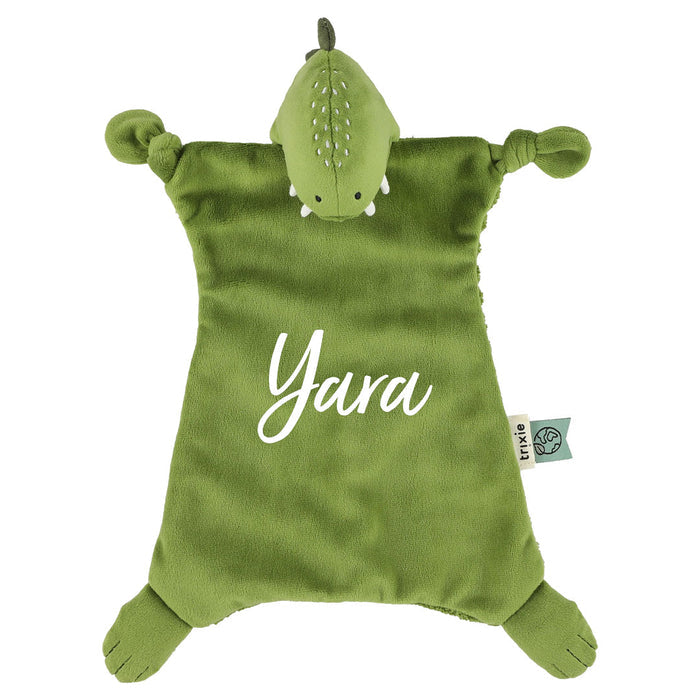 Personalisiertes Trixie Schnuffeltuch Herr Dino mit Name – weiches Baby-Kuscheltuch mit Schnullerknoten als individuelles Geschenk