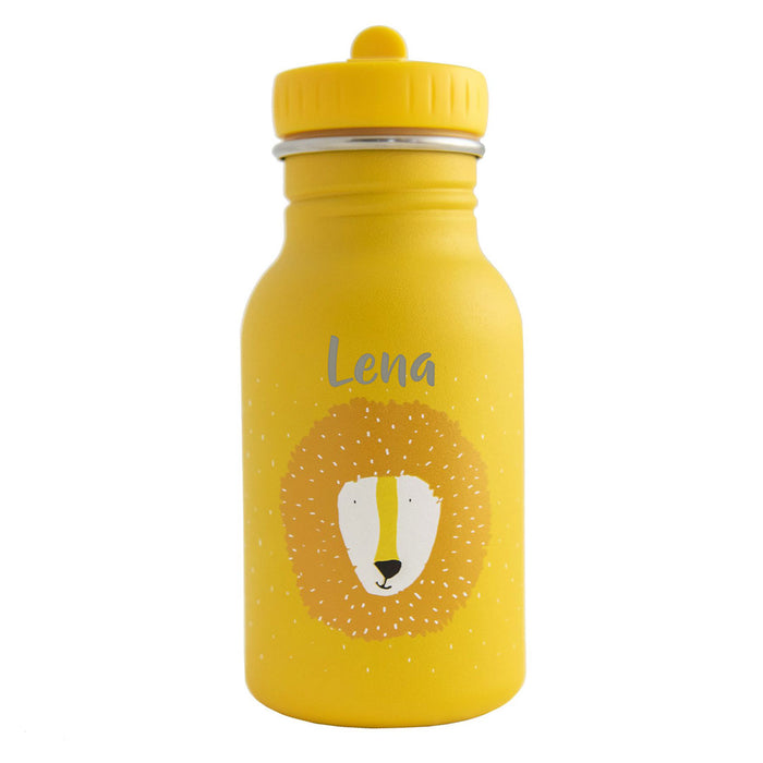 Trixie Kinder-Trinkflasche Herr Löwe 350 ml personalisiert mit Namen – gelbe Edelstahlflasche mit Löwenmotiv und Tragekordel