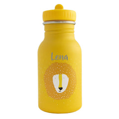 Trixie Kinder-Trinkflasche Herr Löwe 350 ml personalisiert mit Namen – gelbe Edelstahlflasche mit Löwenmotiv und Tragekordel